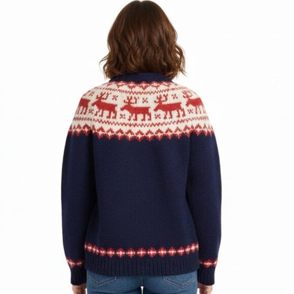 Vintage Hand Knit Reindeer Fair Isle Cardigan Navy Red Wool Sweater Size Small - Picture 2 of 11